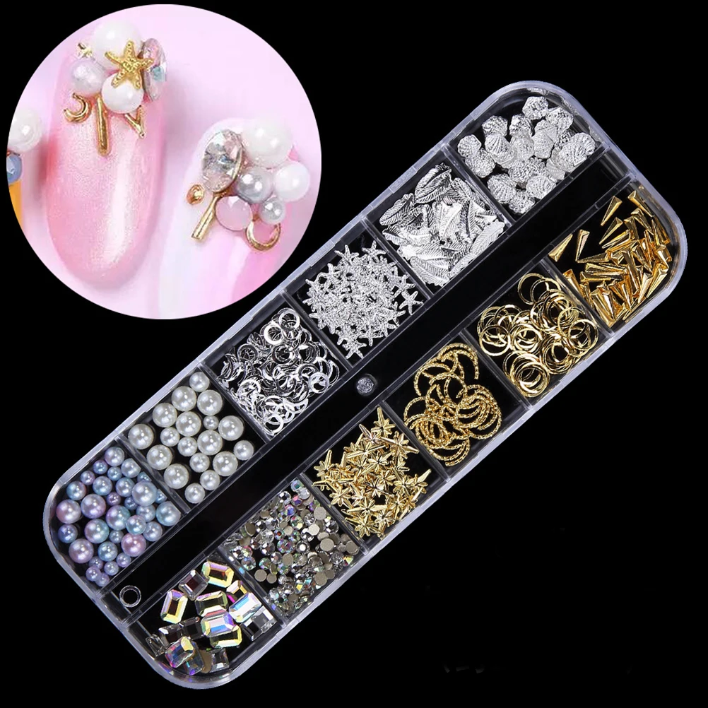 

4 Sets Nail Stickers Sequins Gems Crystals Charms Bead Metal Studs Pearl Rhinestones Shell DIY Manicure Art Supplies Salon Home