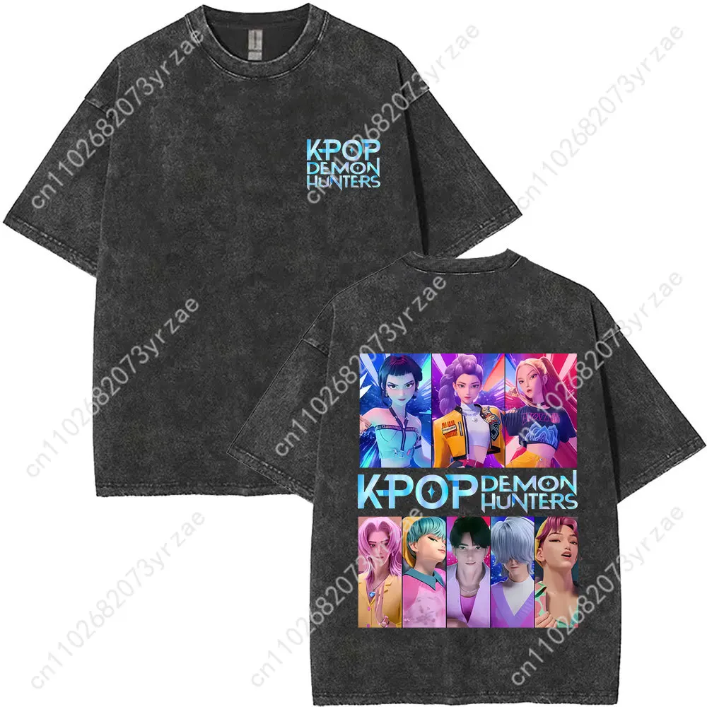 Camiseta KPop Demon Hunters Retro Wash para hombre y mujer, camiseta Vintage de alta calidad, camisetas suaves y transpirables de manga corta de algodón a la moda