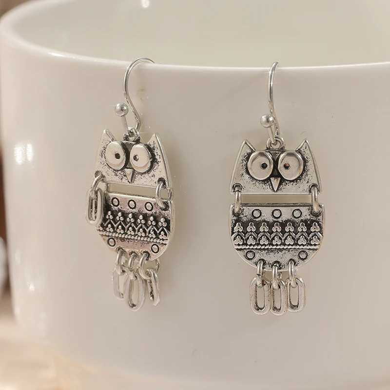 Vintage-Ohrringe mit niedlichem Eulenmuster, Bohemian-Stil, silberfarbene Metallohrringe für Frauen, Idee für Schmuckgeschenke