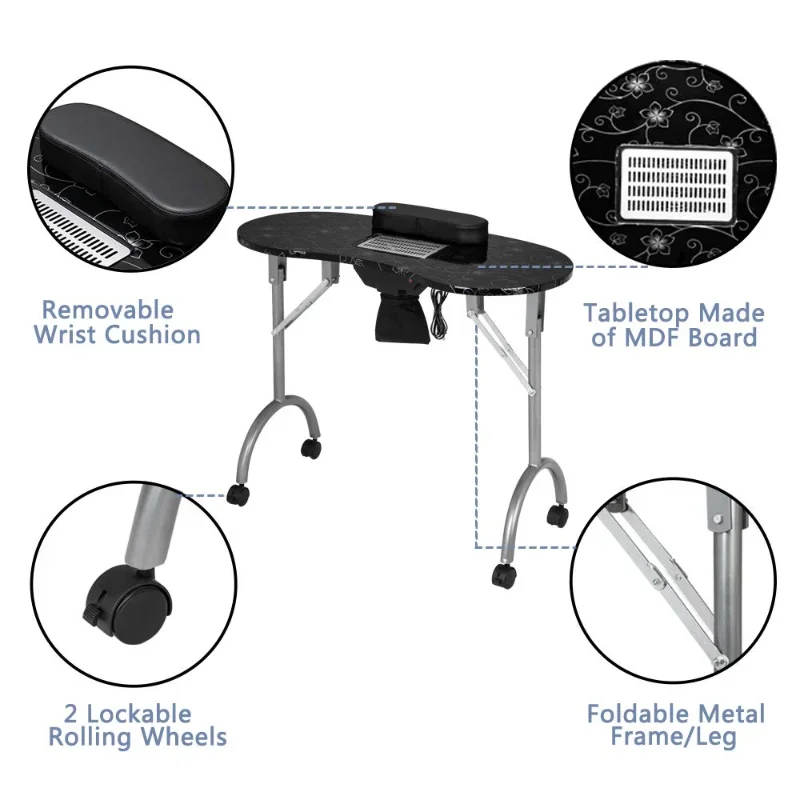 Manicure Nail Table w/Electric Dust Collector, Foldable MDF Laminated Home Nail  with Client Wrist Pad & Carrying Bag