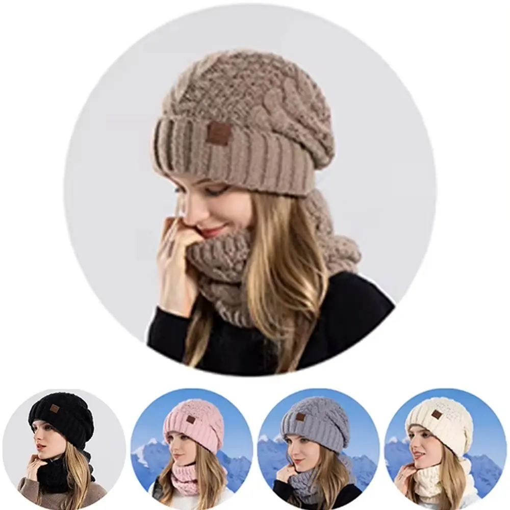 2Pcs/Set Fashion Windproof Knitted Hat Scarf Set Cold-proof Thickened Beanies Cap Keep Warm Cycling Skiing Skullcap Winter
