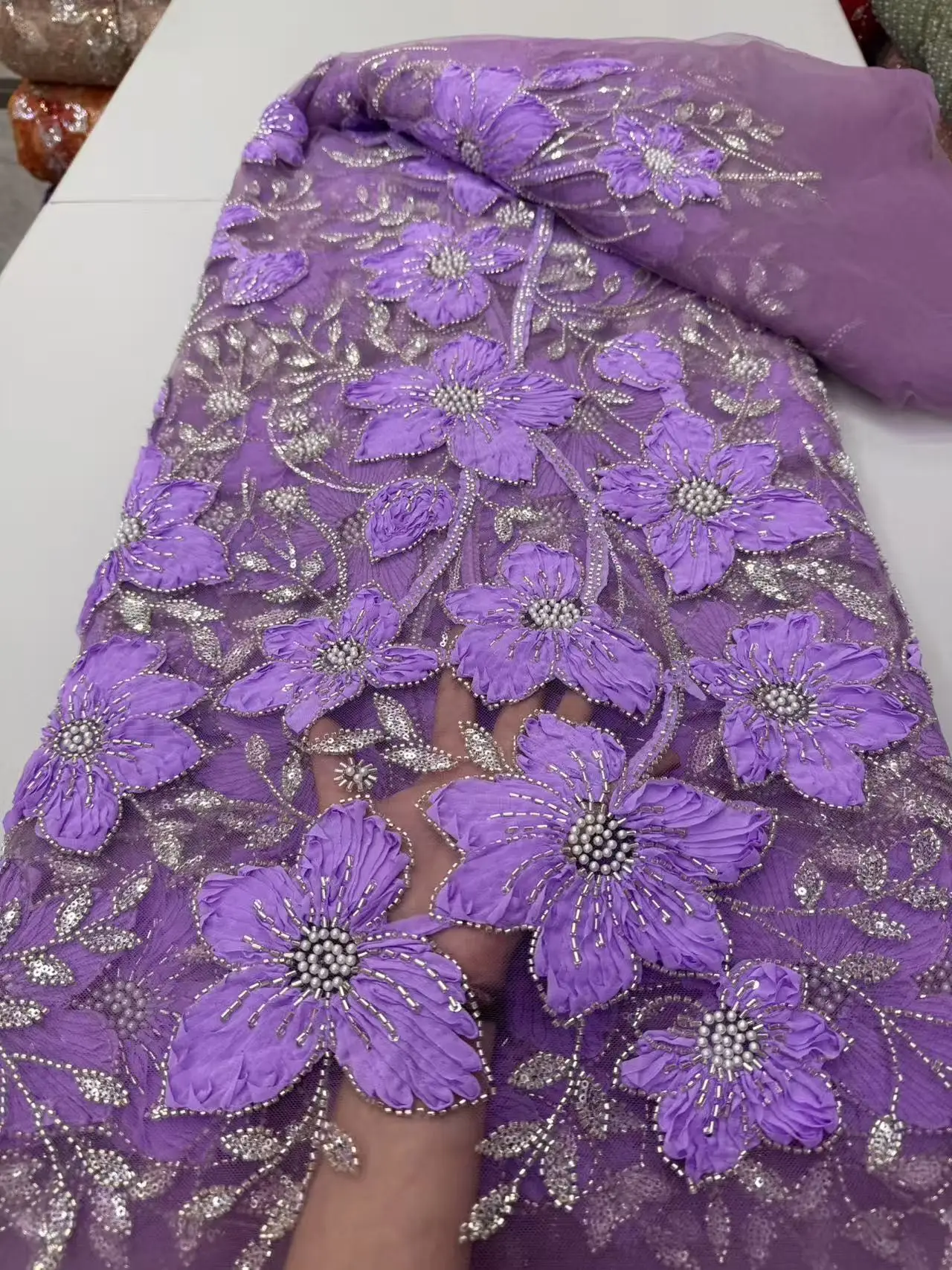 African Beads Lace Fabric 2025 High Quality Lace Nigerian Sequins Beads Lace Fabric French Laces Fabrics For Party Dress Sewing