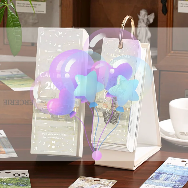 

2026 Desk Calendar With Gold Ring Binding 365 Days Vintage Oil Painting Inspirational Quotes One-Way Page Turn Daily Planner