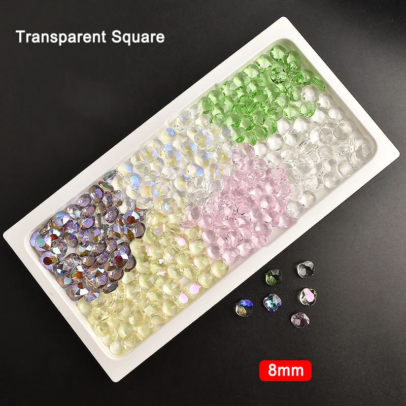 8mm Ice Permeable Fat Square Nail Art Water Diamond Transparent Glass Crystal Mix Color Manicure DIY Decoration 30/100PCS