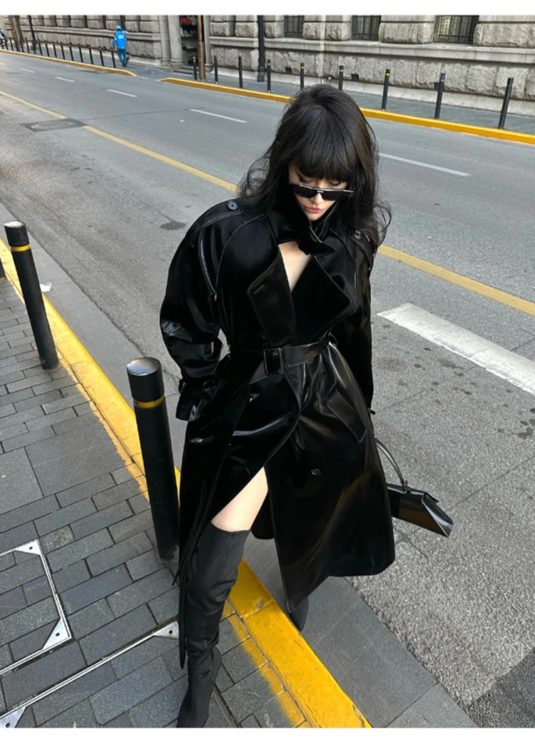 Lautaro Spring Autumn Extra Long Oversized Cool Reflective Shiny Black Patent Leather Trench Coat for Women Belt Runway Fashion