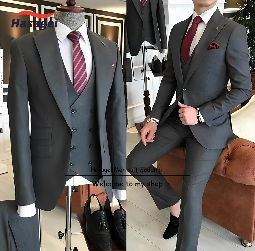 Gray Groom Suit 3 Piece Suit Men\'s Formal Jacket Pants Vest Double Breasted High Quality Blazer Suit for Male