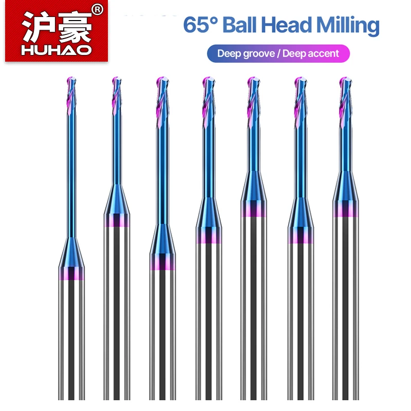 

HUHAO 65 ° Фреза с шаровой головкой небольшого диаметра, 2-зубая фреза HRC65, маленькая концевая фреза с длинной шеей, твердосплавные режущие инструменты с ЧПУ