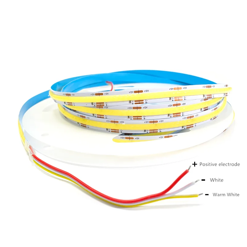 5V 12V 24V CCT COB LED Strip 2700K to 6500K Color-Changing LED Tape Dimmable Bicolor Ribbon Double Color Linear Light Ra90 3wire