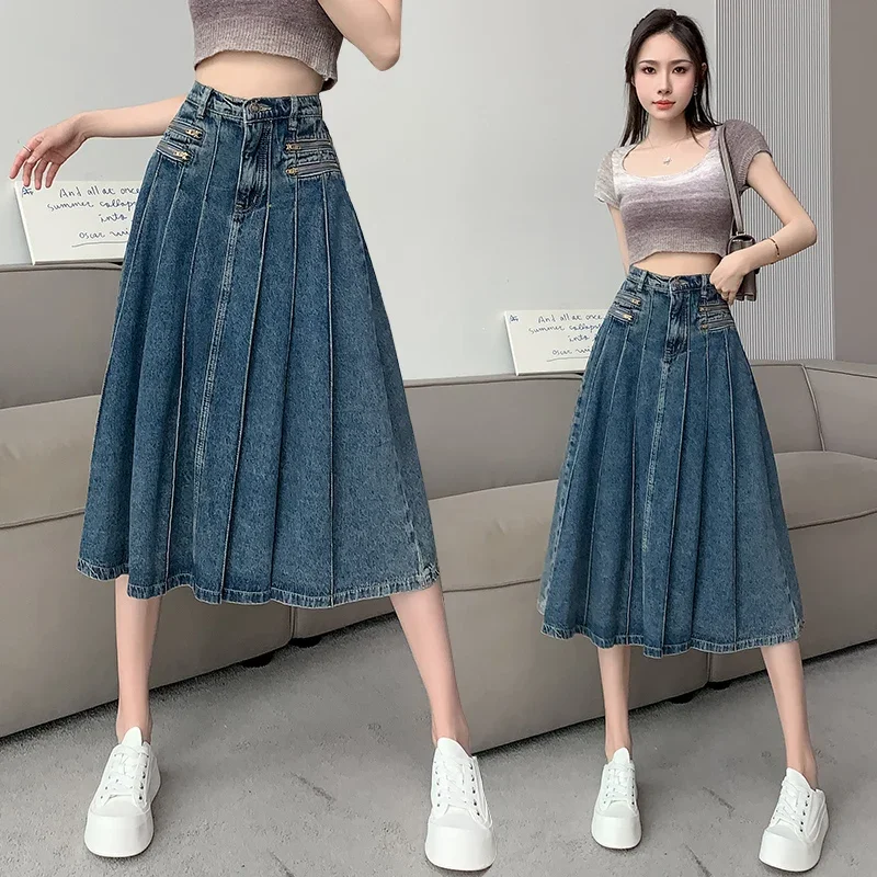 High Waist Denim Pleated Skirt Zippers Design Solid Mid-Length A-Line Jean Skirt Spring Summer Vintage Casual Women Skirt