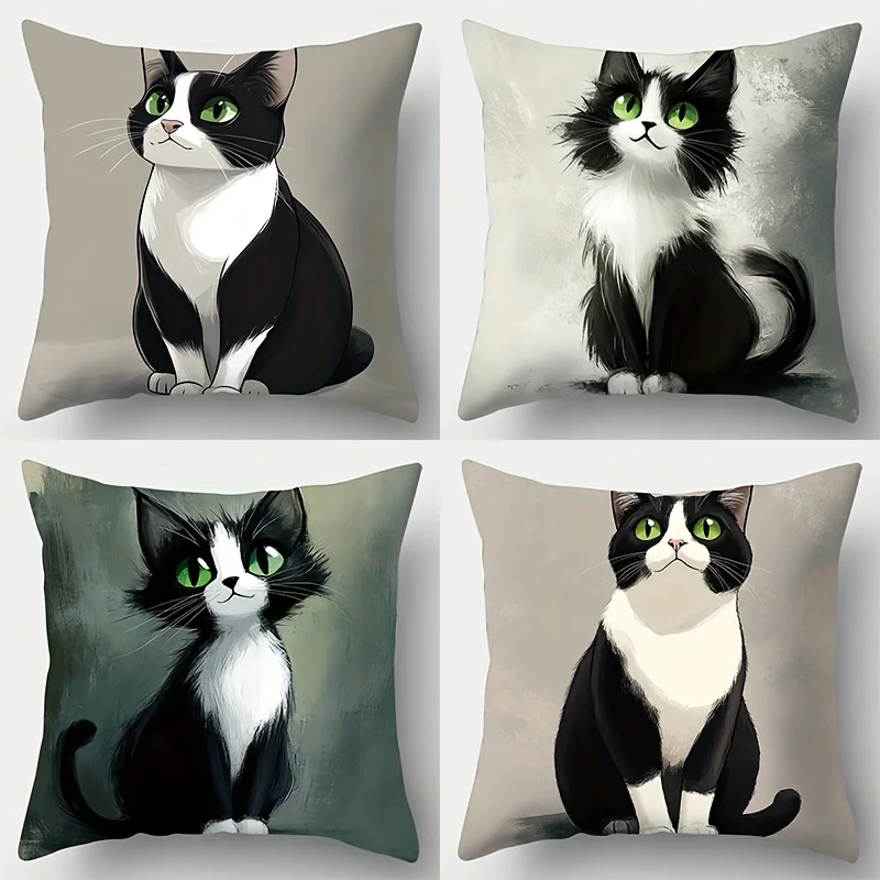 -4pcs set, including cute black and white cat patterns with different expressions. Room decoration, living room decoration, sofa