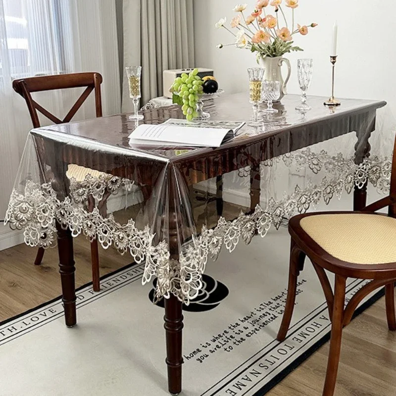 PVC Waterproof Transparent Dining Table Cover Oil-proof Heat-resistant Rectangle Table Cloth Lace Edge Coffee Table Tablecloth