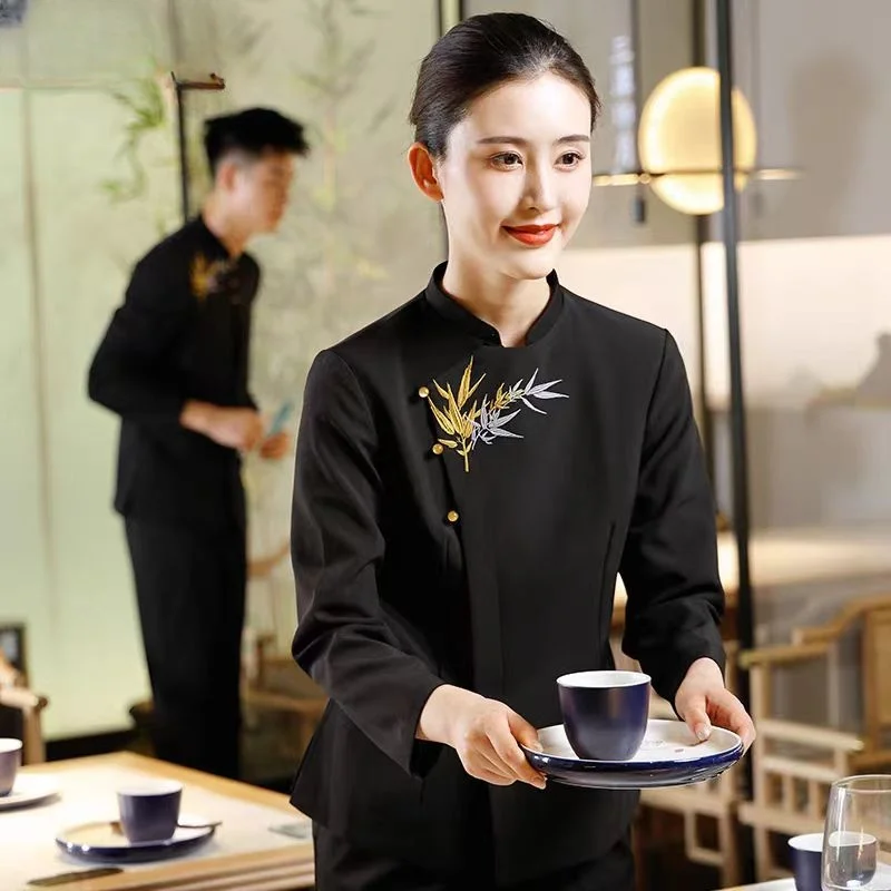 2024 Spring/Autumn Chinese Restaurant Waiter Working Clothes Hotel Hotpot Long-sleeved Woman Black Top and Pants Overalls