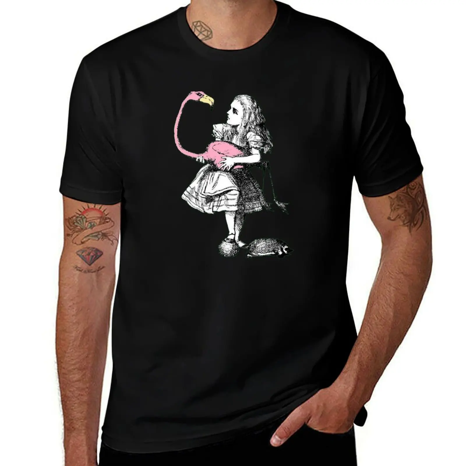 

Alice and the flamingo, wonderland T-Shirt man t shirts high quality luxury brand cotton t shirt pack t shirt man plain T-shirt