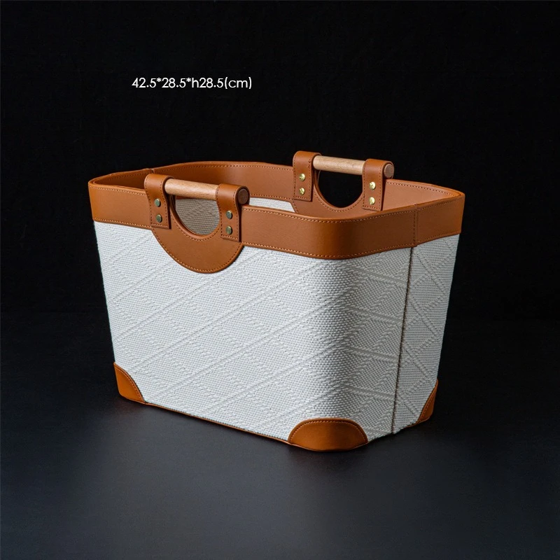 DSA antique white pearl relief outer seam leather solid wood handle multi-purpose storage basket dirty clothes home use