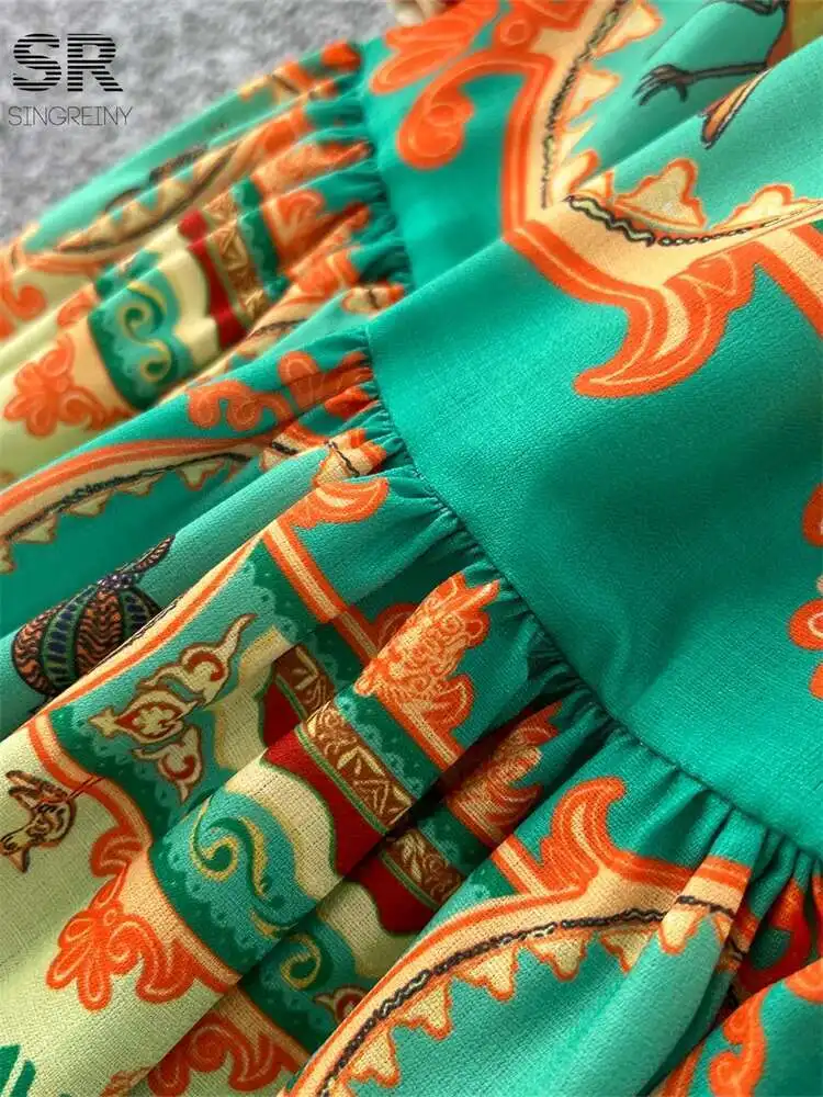 

BabYoung Court Pleated Print Dresses Women Lantern Sleeve Turn-Down Collar High Quality Single Breasted Long Dress