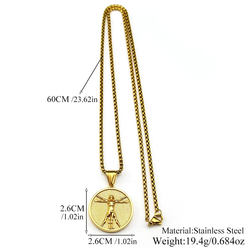 دافنشي رسم فيتروفيان رجل ميدالية مستديرة قلادة قلادة للنساء الرجال الفولاذ المقاوم للصدأ الذهب والفضة اللون الجمالية الفن مجوهرات