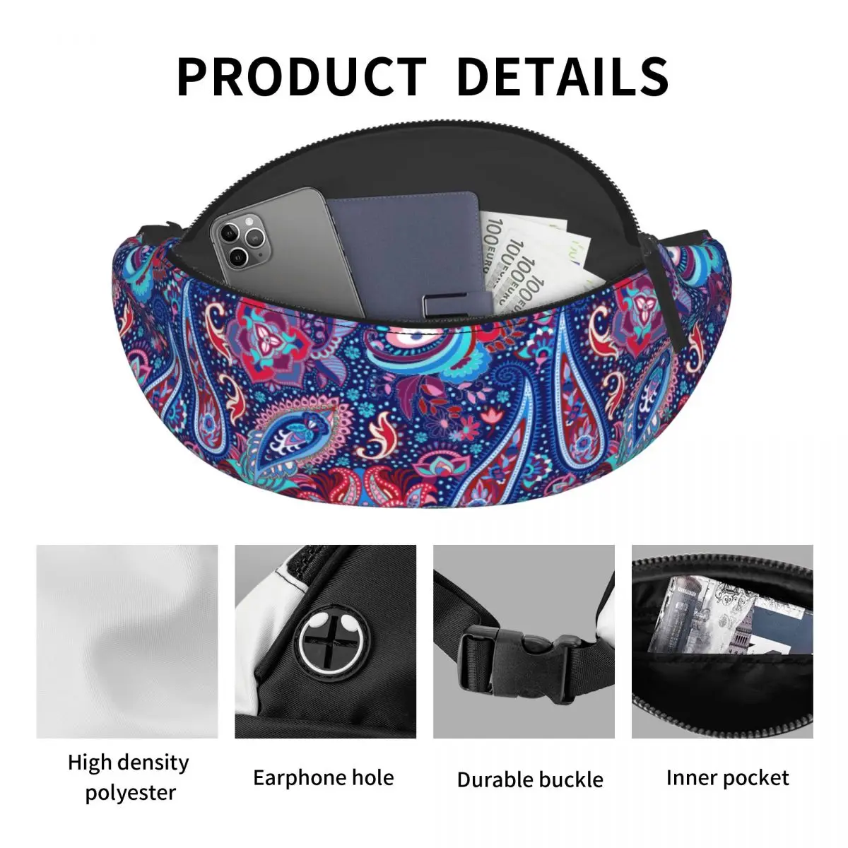 Colorido Paisley Padrão Fanny Pack para Homens Mulheres Moda Bohemian Flores Crossbody Saco Da Cintura Ciclismo Camping Telefone Money Pouch