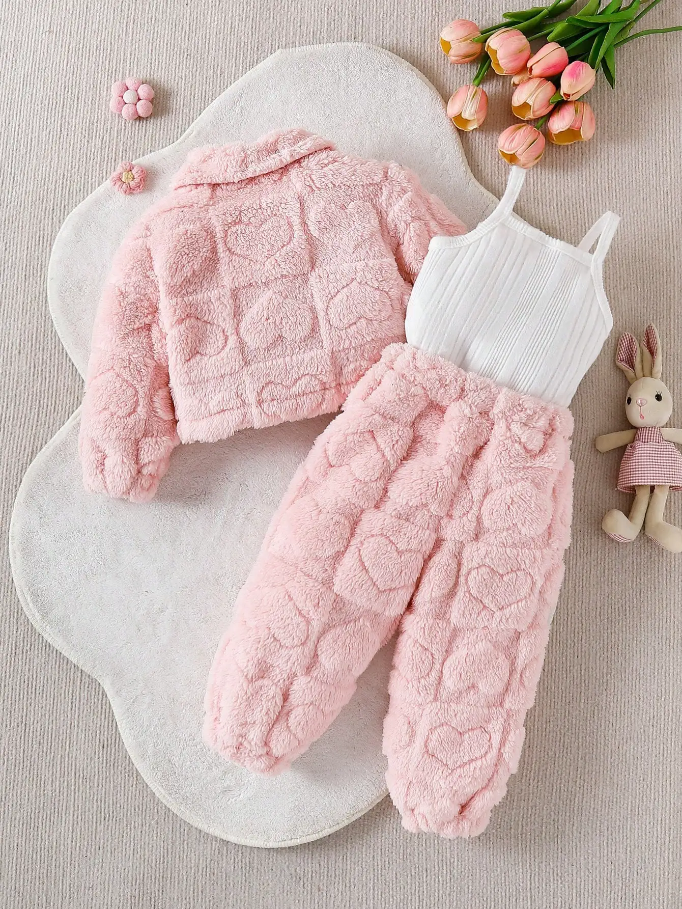 Three piece set of baby girl casual pink plush long sleeved jacket, plush long sweatpants, and pit top as a versatile base for w