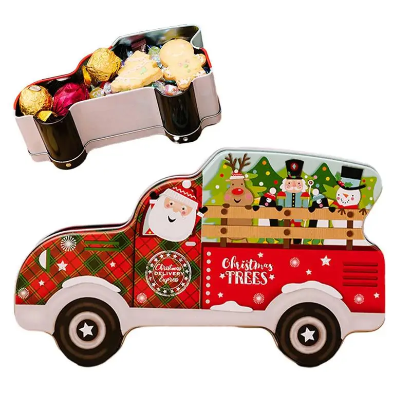 Weihnachten Weißblech Candy Box Truck Form Kekse Behälter mit Deckel Winterurlaub Requisiten Süßigkeiten Inhaber Neujahr Geschenk Zubehör