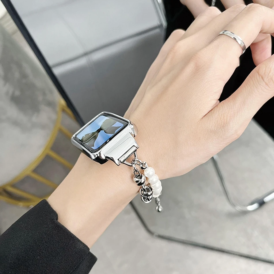 สายโลหะสำหรับ Xiaomi Mi Band 7 Pro สายนาฬิกาพร้อมสายรัดข้อมือแฟชั่น INS ผู้หญิงหรูหราสร้อยข้อมือโซ่มุก Miband 7 Pro
