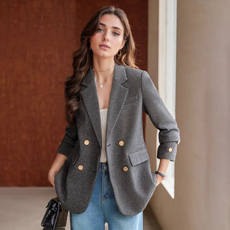 ZJYT Autumn Winter New Coats Women 2024 Korean Style Blazers Mujer Double Breasted Thick Jackets Casual Outerwears Plus Size