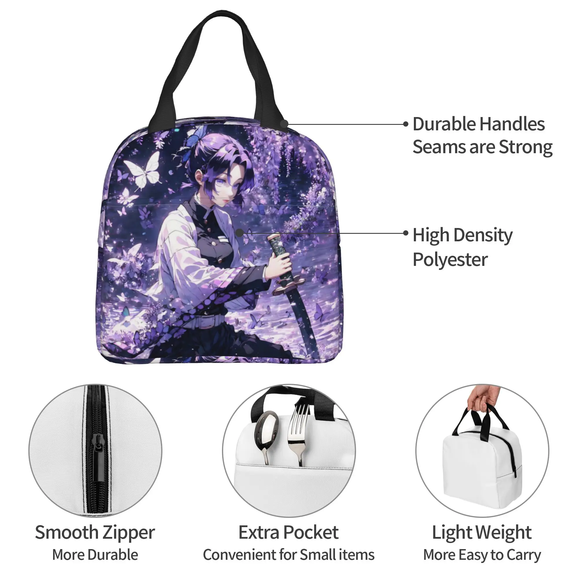 Custom Comic Demon S-Slayer Insulated Lunch Bag for Women Waterproof Kocho Shinobu Thermal Cooler Bento Box Office Picnic Travel view 3