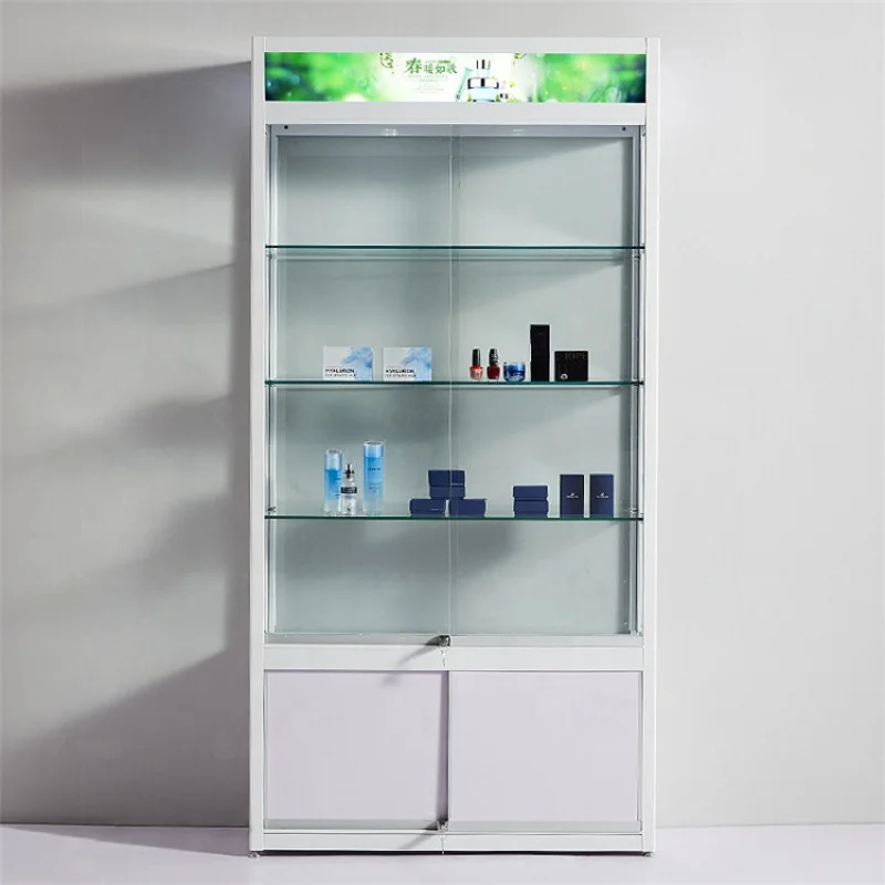 customized.White color wall showcase cabinet cosmetic display showcase