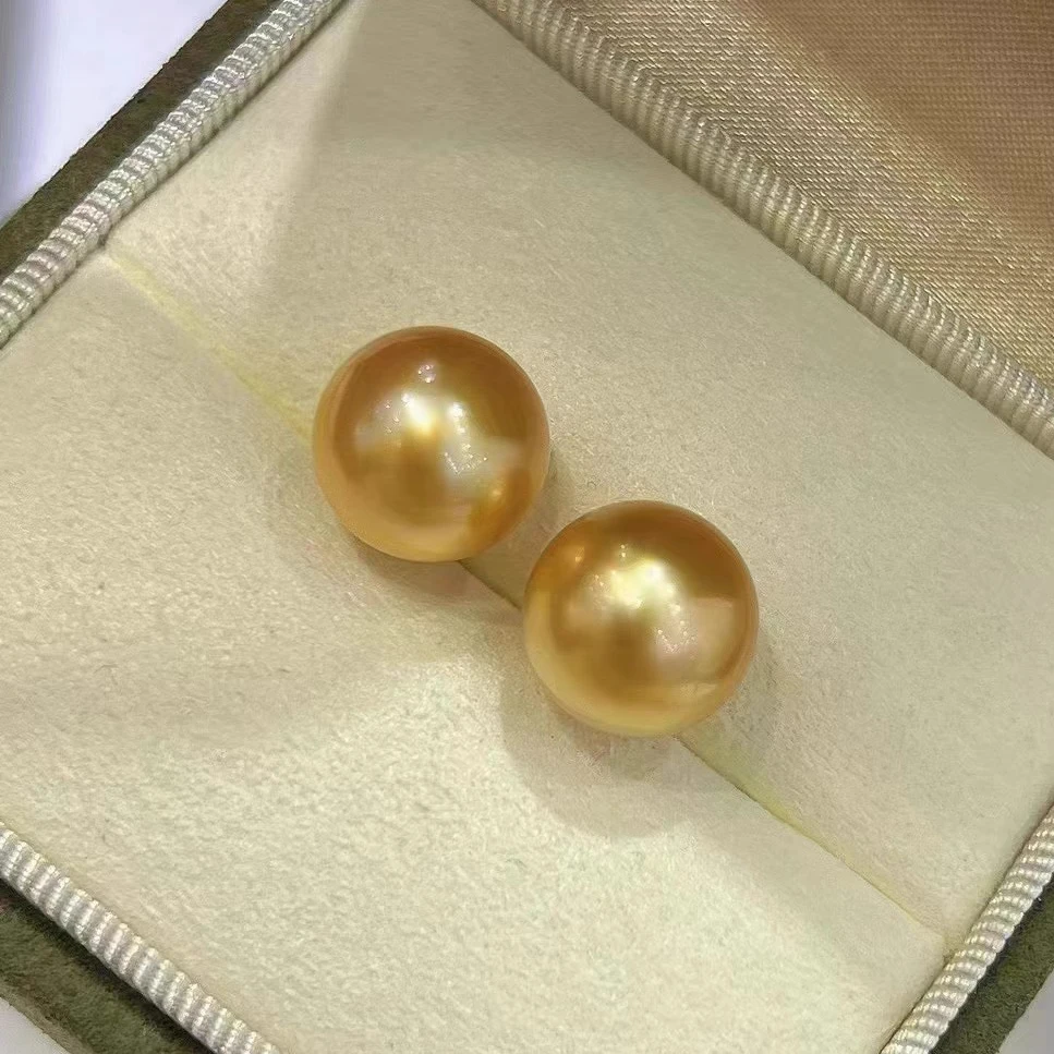 18k Solid Gold Gorgeous Aaaa++++ Huge 9-10mm 11-12mm Round South Sea Golden Pearl Earrings