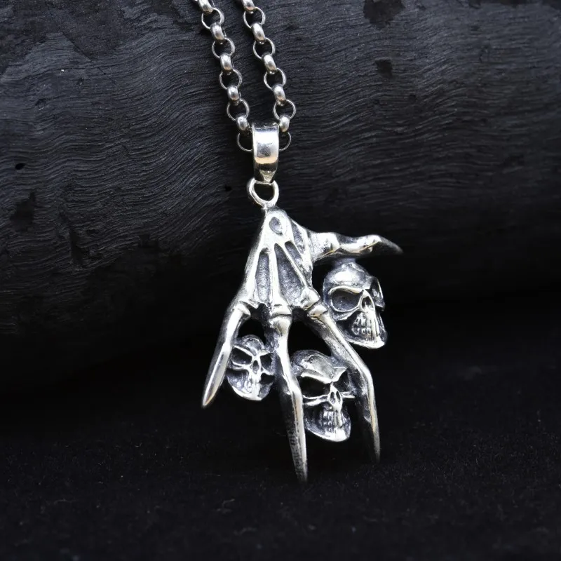 BOCAI New S925 Sterling Silver Retro Personalized Hip Hop niche Skeleton Hand Pendant Men's Gift