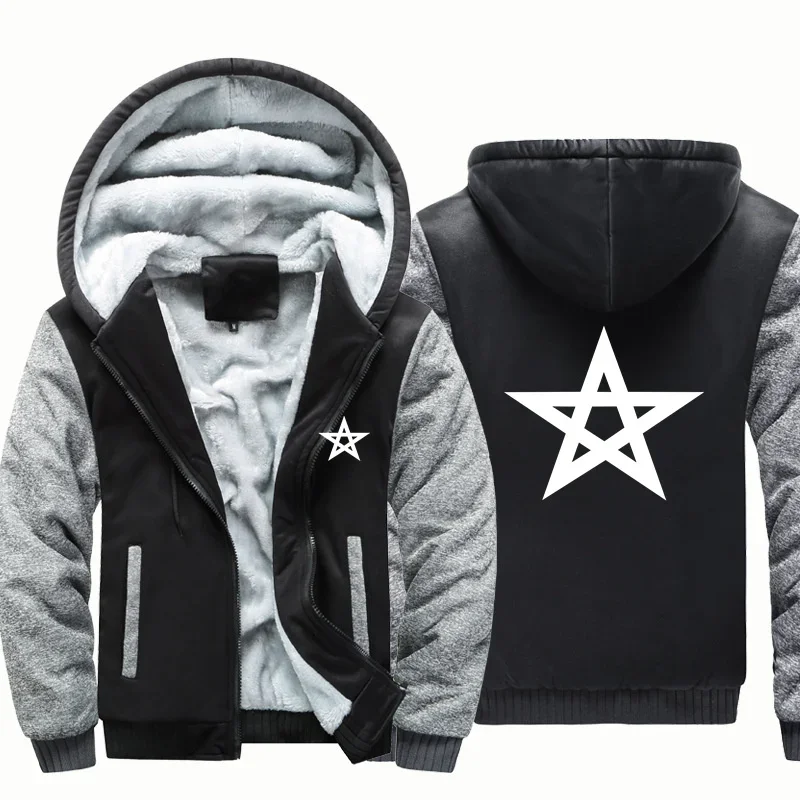 

Autumn Winter Morocco Flag Men Coat Jackets Fleece Warm Wool Zipper Hooded Thick Man Hoodies Sweatshirts