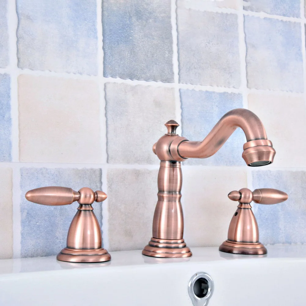 

Basin Faucets Antique Red Copper Deck Mounted Bathroom Sink Faucets 3 Hole Double Handle Hot And Cold Water Tap tsf534