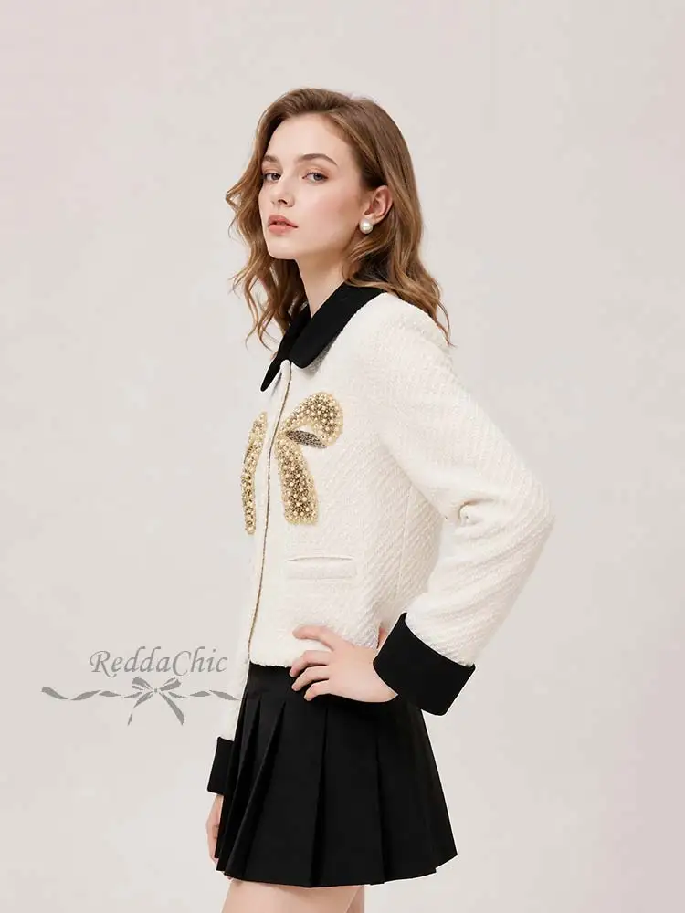 REDDACHiC Diamond Embellished Bow Tweed Blazer Women Luxury Color Block Hidden‑button Lapel Crop Suit Jacket Cutecore Outwear