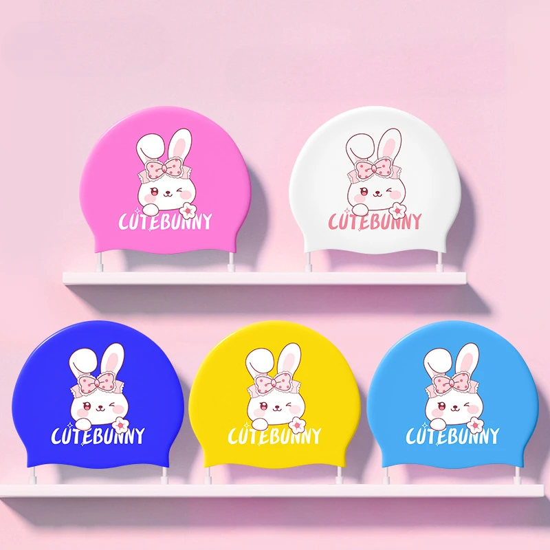 Cartoon Rabbit Swimming Caps High Elastic Soft Silicone Swim Caps Waterproof Ear Protection Swimming Cap Hat for Boys Girls Kids