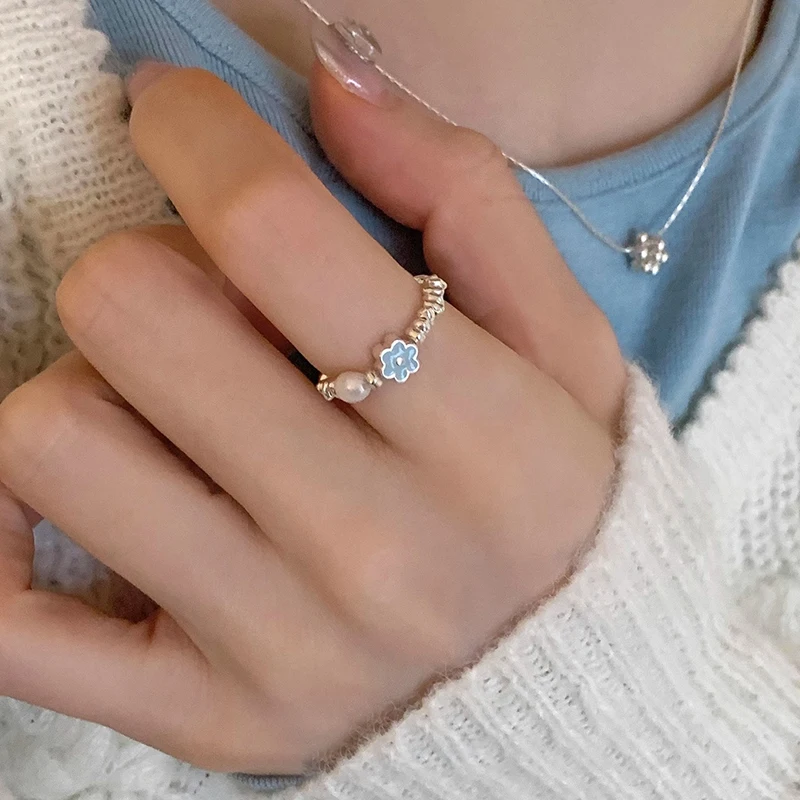 925 Sterling Silver Pearl Drip Glaze Flower Ring for Women Jewelry Bead String Elastic Irregular Sweet Gift Dropship