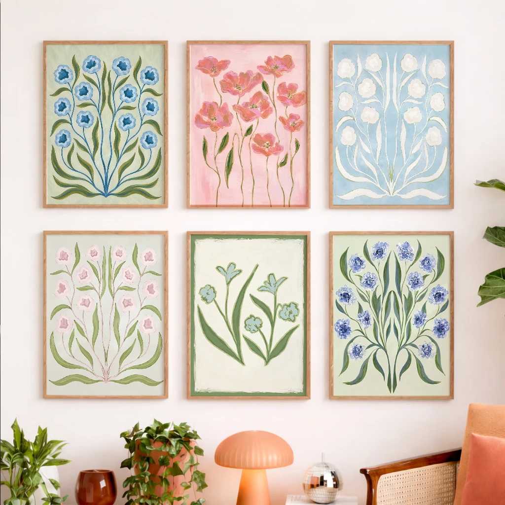 Set of 6 Floral Botanical Canvas Poster Blue Pink White Flower Green Leaf Symmetrical Garden Pastel Bloom Elegant Wall Art