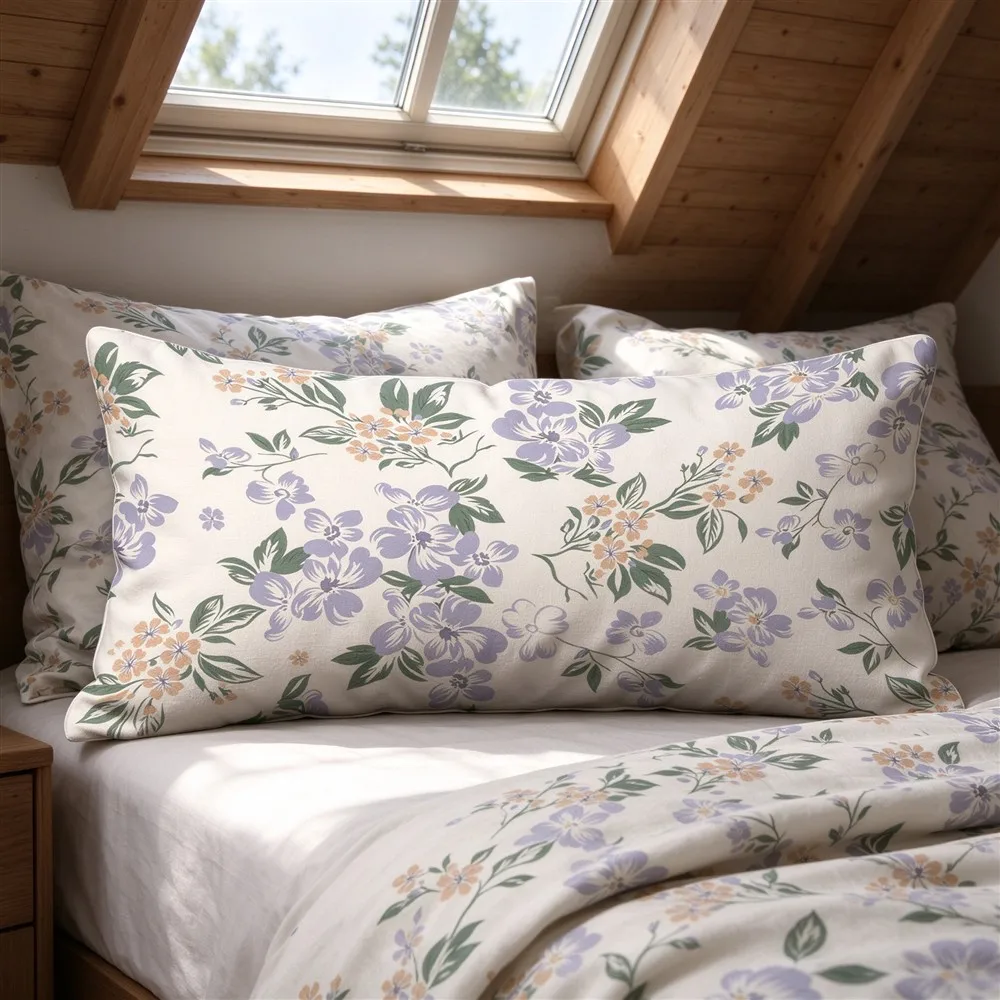 White Lilac Lavender Bloom Print Long Pillow Cover, Dreamy Style, Attic Decorative, Polyester, Body Pillow, Smooth Texture