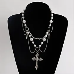 Punk Crosses Pendant Necklace Gothic Crosses Layered Chain Imitation Pearls Beaded Choker Vintage Sweater Chain Jewelry Gifts