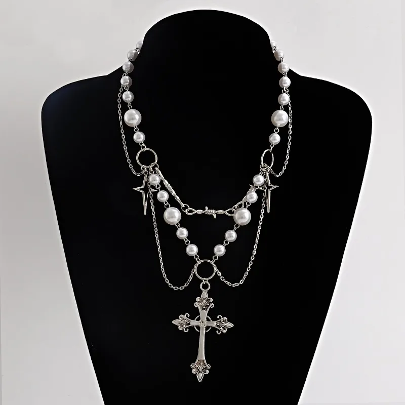 Gothic Cross Pendant Necklace Choker Charm Vintage Imitation Pearl Beaded Necklace Sweater Chain European and American Jewelry