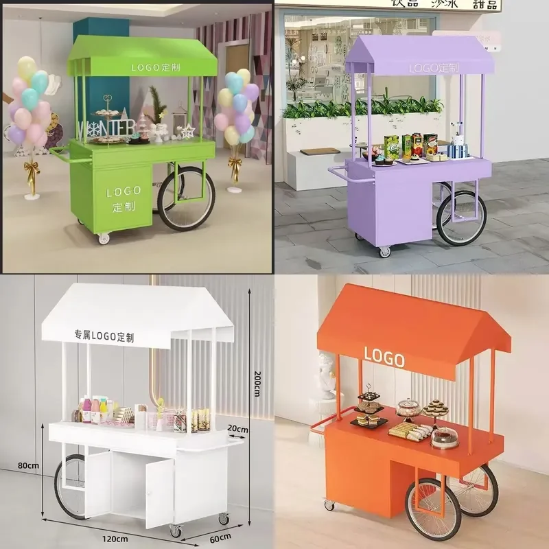 Vintage Mobile Food Cart Commercial Street Vendor Stall Snack Display Trolley for Night Market Outdoor Sales