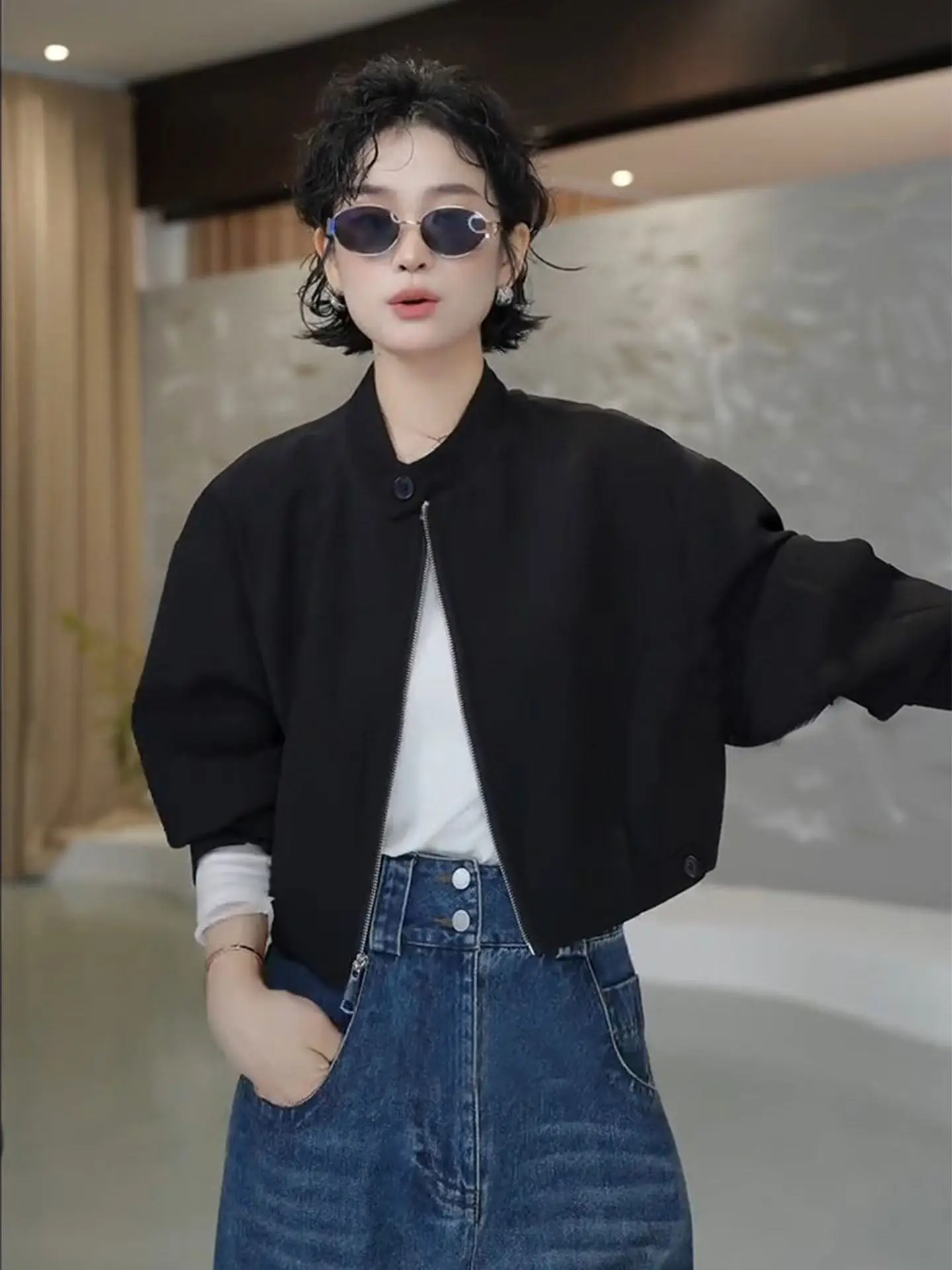 Retro Black Short Baseball Jacket Women's Casual Chic Spring Autumn New Style Loose Fit Zipper Closure Long Sleeve Coat