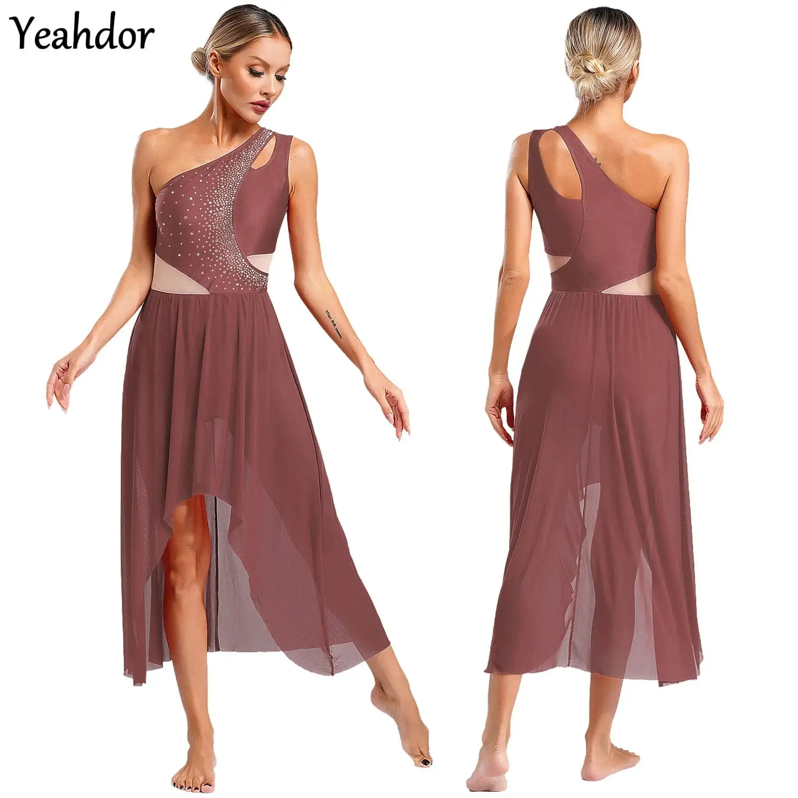 

Women Ballet Lyrical Dance Dress Leotard One Shoulder Sleeveless High-Low Rhinestones Modern Gymnastics Figure Skating Dancewear