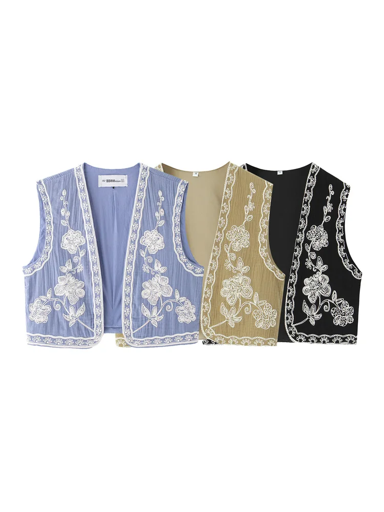 

KAOPU ZA Women embroidered flowers open waistcoat vintage v neck sleeveless female outerwear chic vest tops