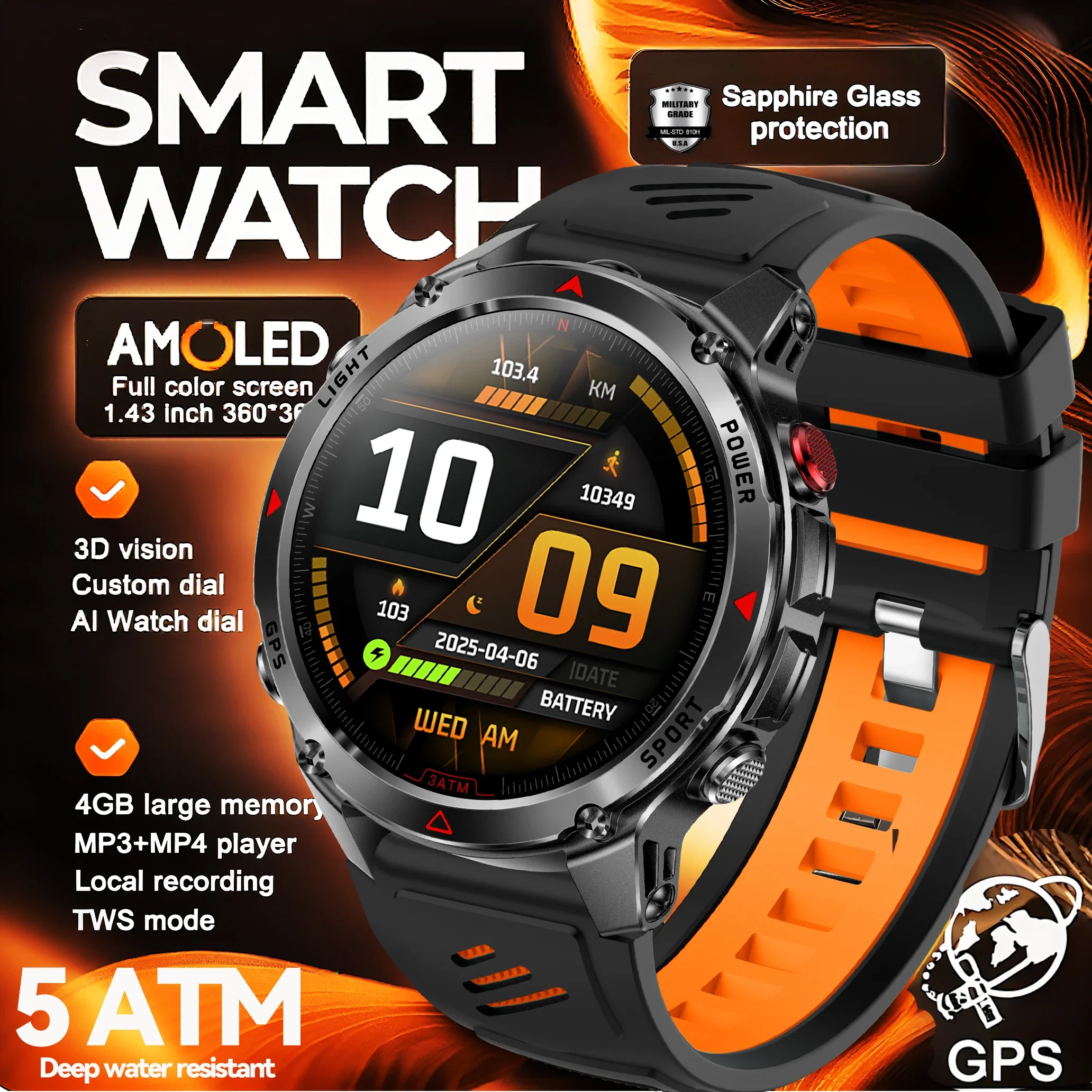 

T Rex3 Tactical smart watches Built-in GPS LED Flashlight Compass Altimeter Barometric Sport Smartwatch Men Bluetooth Call Wacth