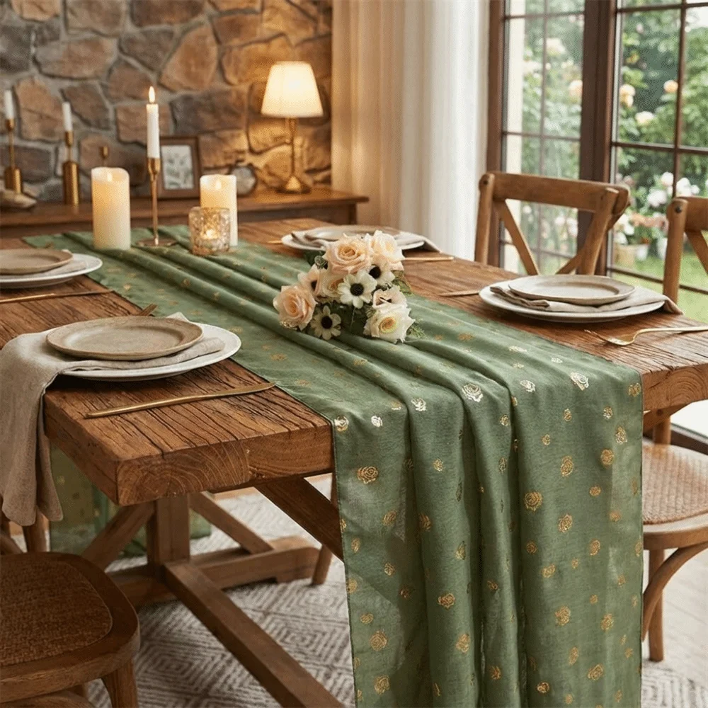 Light Luxury Rose Gauze Tablecloth Soft Exquisite Gold Stamped Table Runner Stain Resistant Sheer Tablecloth Wedding