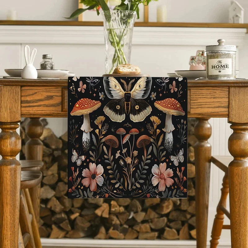 VIKAMA Dark Background Mushroom Moth Floral Table Runner, Polyester Washable Table Scarf Cottagecore Gothic Dining Decor