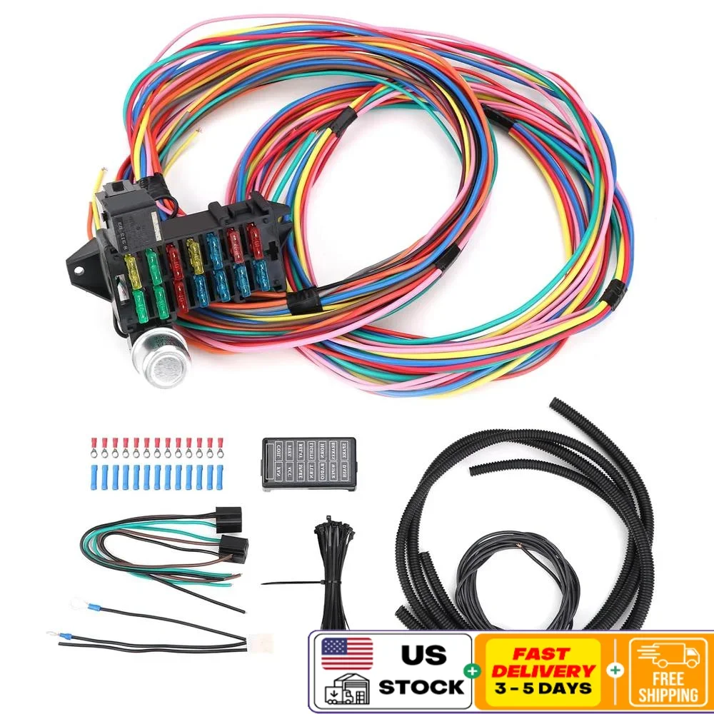

14 Circuit Wiring Harness Universal Copper Wire Kit Hot Rod Muscle Car 12V Fuse Relay Installation Instructions Compatible 14