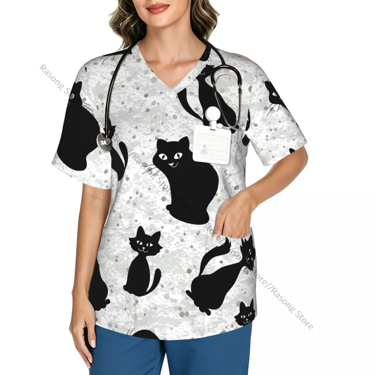 Women Scrubs Blouse Medical Nurse V-neck Clinical Scrubs Top Cartoon Cats Black Silhouettes Operating Room Work T-shirt