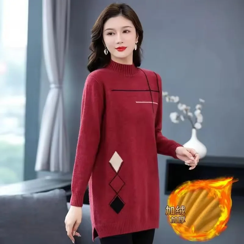 2026 Autumn Winter New Fashion Sweater Skirt Female Long Coat Women Pullover Jacket Add Velvet Padded Knitwear Bottoming Shirt