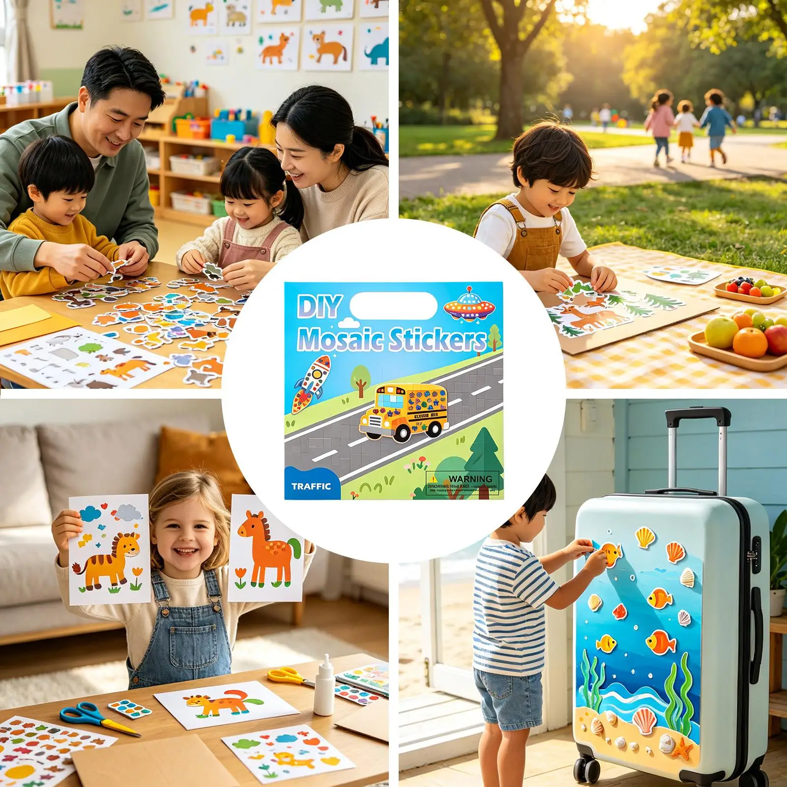Fun Stickers 2-in-1 Funny DIY Mosaic Learning Craft Kits Cute Animal Stickers Coloring Set for Boys Girls Home Bedroom Living