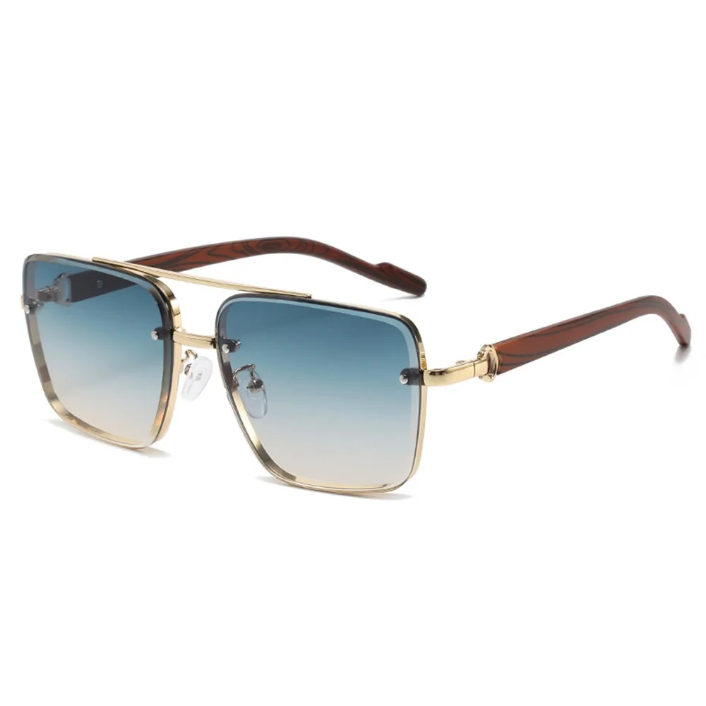 

Double Bridge Metal Sunglasses Square Frame Gradient Lenses Men's Driving Sun Glasses Wood Grain Temple Summer Shades Unisex